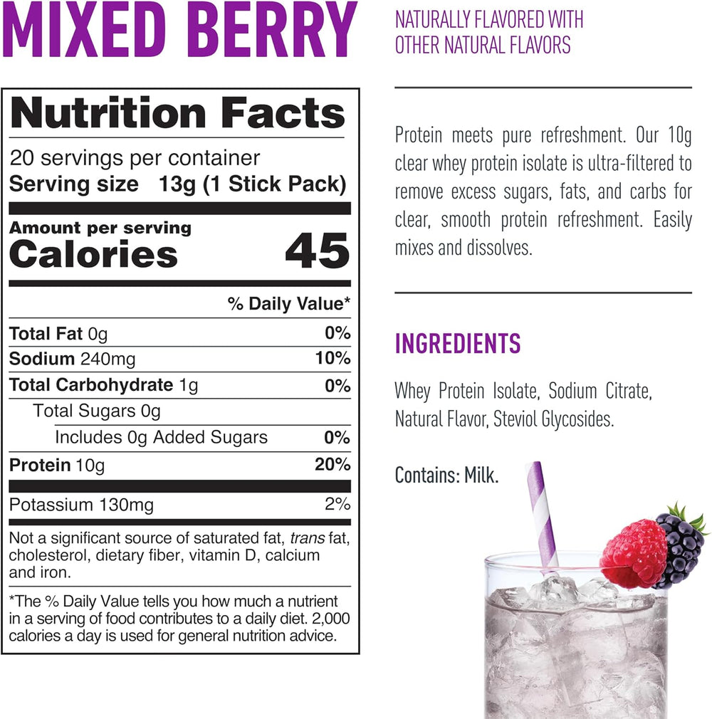 Isopure Clear Protein Stick Pack, Mixed Berry, 20 Count (Pack of 1)