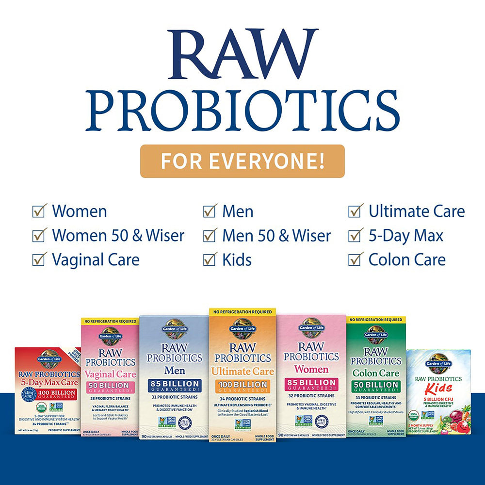 Garden of Life Probiotics for Women and Men - Raw Probiotics Ultimate Care 100 Billion CFU Probiotic Supplement, Daily Probiotic for Adults with Digestive Enzymes, 30 Capsules