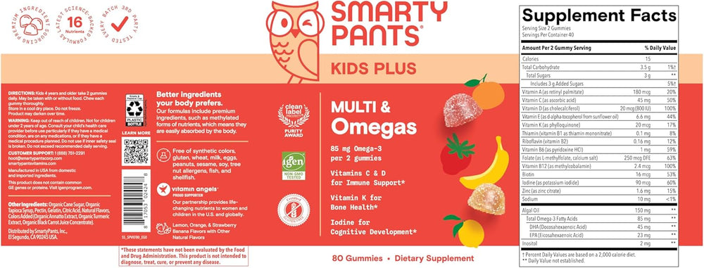 SmartyPants Kids Multivitamin Gummies: Omega 3 Fish Oil (EPA/DHA), Vitamin D3, C, Vitamin B12, B6, A, K & Zinc for Immune Support, Biotin, Gluten Free, Three Fruit Flavors, 120 Count (30 Day Supply)