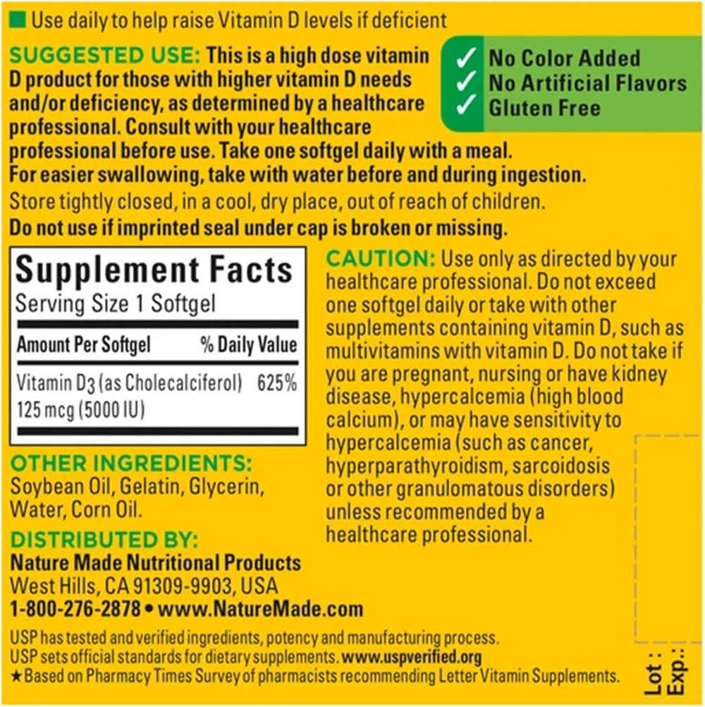 Nature Made Vitamin D3 5000 IU (125 mcg) Softgels, Extra Strength Vitamin D Supplement for Bone and Immune Health Support, 90 Softgels, 90 Day Supply