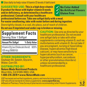 Nature Made Vitamin D3 5000 IU (125 mcg) Softgels, Extra Strength Vitamin D Supplement for Bone and Immune Health Support, 90 Softgels, 90 Day Supply