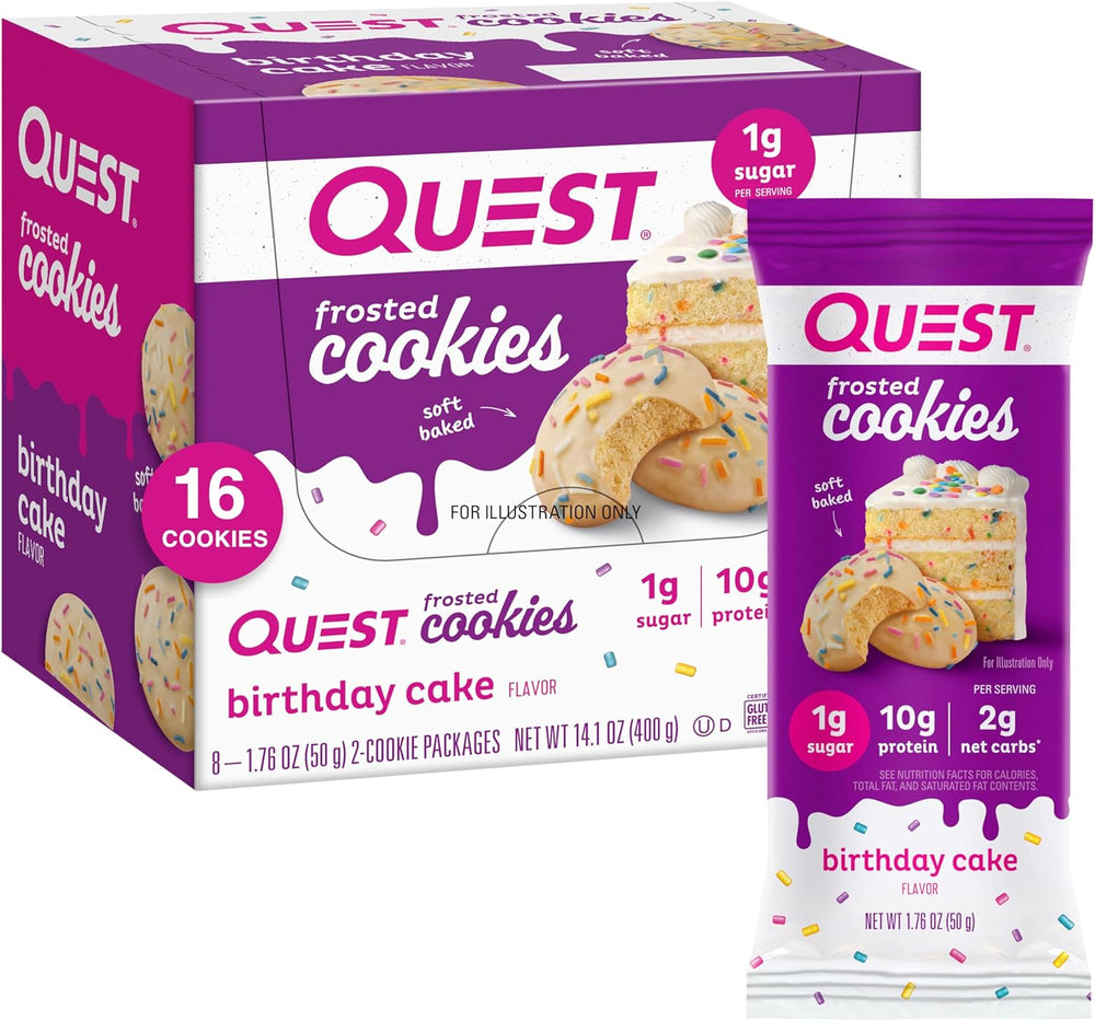 Quest Nutrition Blueberry Muffin Protein Bars 12 Count & Frosted Cookies Twin Pack Birthday Cake 16 Cookies