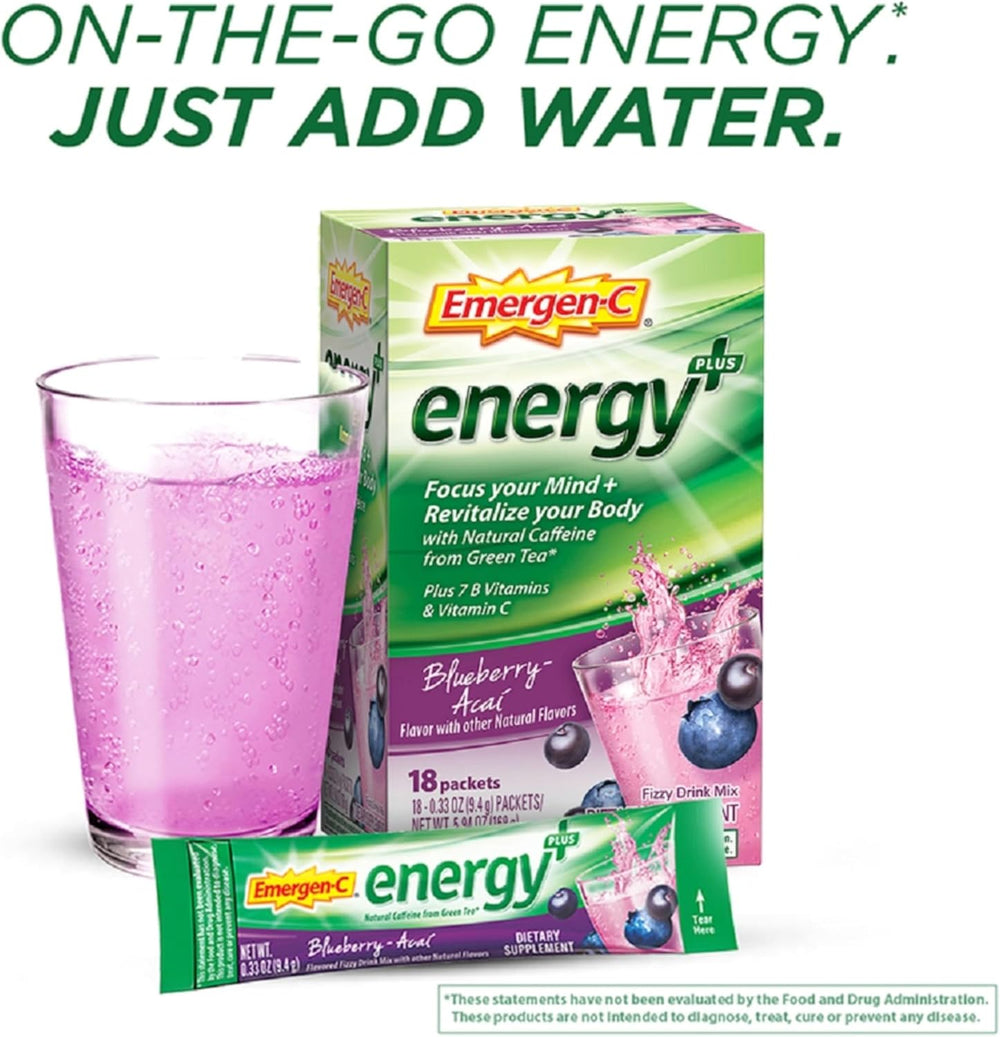 Emergen-C Energy+, With B Vitamins, Vitamin C And Natural Caffeine From Green Tea(Blueberry Acai Flavor) Dietary Supplement Drink Mix, 0.33 Ounce Powder Packets(Pack of 18)