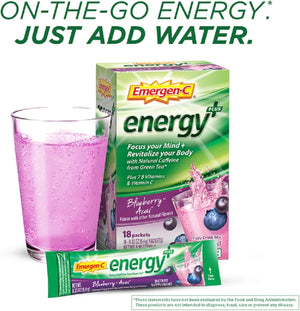 Emergen-C Energy+, With B Vitamins, Vitamin C And Natural Caffeine From Green Tea(Blueberry Acai Flavor) Dietary Supplement Drink Mix, 0.33 Ounce Powder Packets(Pack of 18)