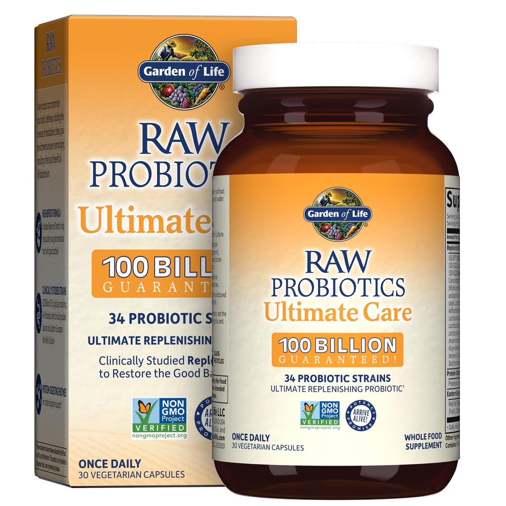 Garden of Life Probiotics for Women and Men - Raw Probiotics Ultimate Care 100 Billion CFU Probiotic Supplement, Daily Probiotic for Adults with Digestive Enzymes, 30 Capsules