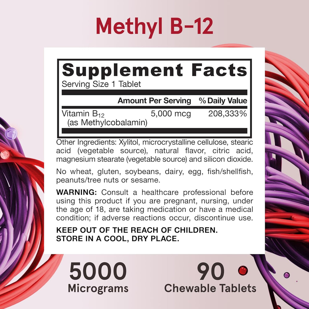 Jarrow Formulas Methyl Vitamin B12 5000 mcg - 60 Chewable Tablets, Naturally Fruit Flavored- Bioactive B12 Vitamin - Supports Cellular Energy Production, Brain Health & Metabolism - 60 Servings