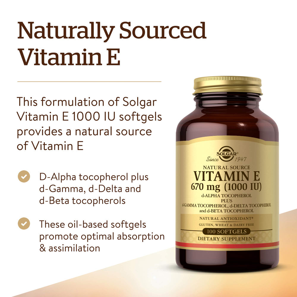 Solgar Vitamin E 670 mg (1000 IU), 180 Softgels - Natural Antioxidant, Skin & Immune System Support - Naturally-Sourced Vitamin E - Gluten Free, Dairy Free - 180 Servings