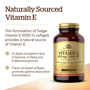 Solgar Vitamin E 670 mg (1000 IU), 180 Softgels - Natural Antioxidant, Skin & Immune System Support - Naturally-Sourced Vitamin E - Gluten Free, Dairy Free - 180 Servings