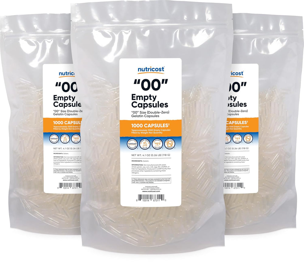 Nutricost Empty Capsules Gelatin Size 00-1,000 Clear Empty 00 Gelatin Capsules - Halal Certified, Non-GMO, Soy Free, Gluten Free