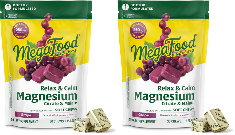 MegaFood Relax + Calm Magnesium Supplement - Soft Chews with Magnesium Citrate & Malate for Heart Health, Muscle Tension & More - Vegetarian - Grape-Flavor - 30 Chews (15 Servings) (Pack of 2)