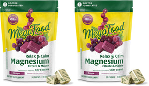 MegaFood Relax + Calm Magnesium Supplement - Soft Chews with Magnesium Citrate & Malate for Heart Health, Muscle Tension & More - Vegetarian - Grape-Flavor - 30 Chews (15 Servings) (Pack of 2)