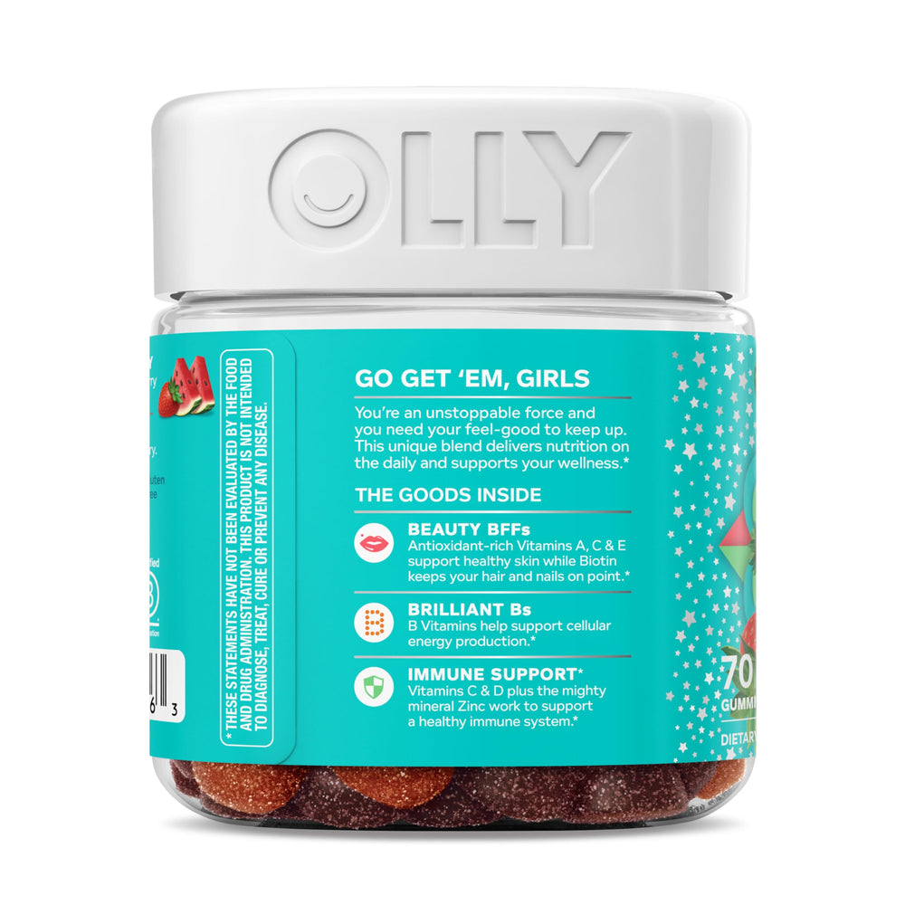 OLLY Teen Girl Multi Gummy, Healthy Skin and Immune Support*, Essential Vitamins, Biotin, Zinc, Chewable Multivitamin, Strawberry Melon Flavored, 50 Day Supply - 100 Count