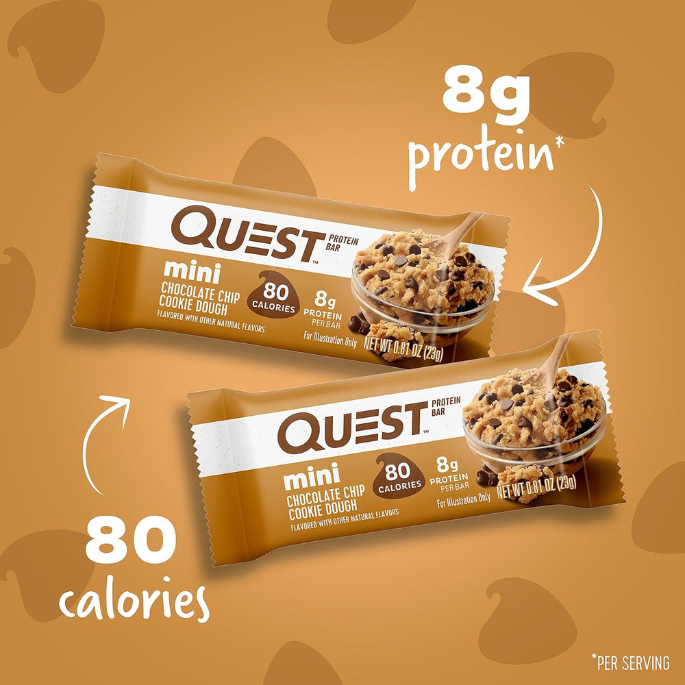 Quest Chocolate Coconut Hero Protein Bar 15g Protein 12 Count and Mini Chocolate Chip Cookie Dough Protein Bars 14 Count