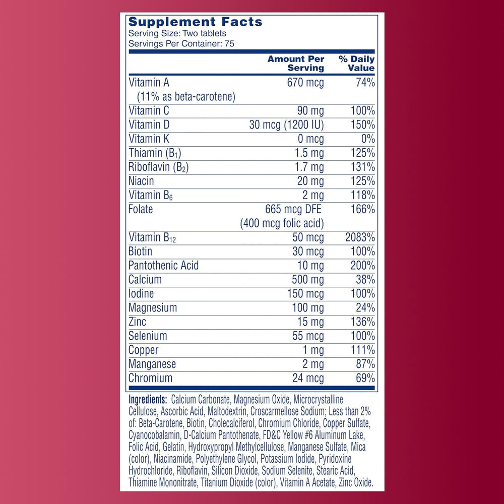 One A Day Proactive 65+, Mens & Womens Multivitamin, Supplement with Vitamin A, C, D, and Zinc to Support Bone Health & Cell Health, Calcium, Folic Acid, Tablet 150 Count