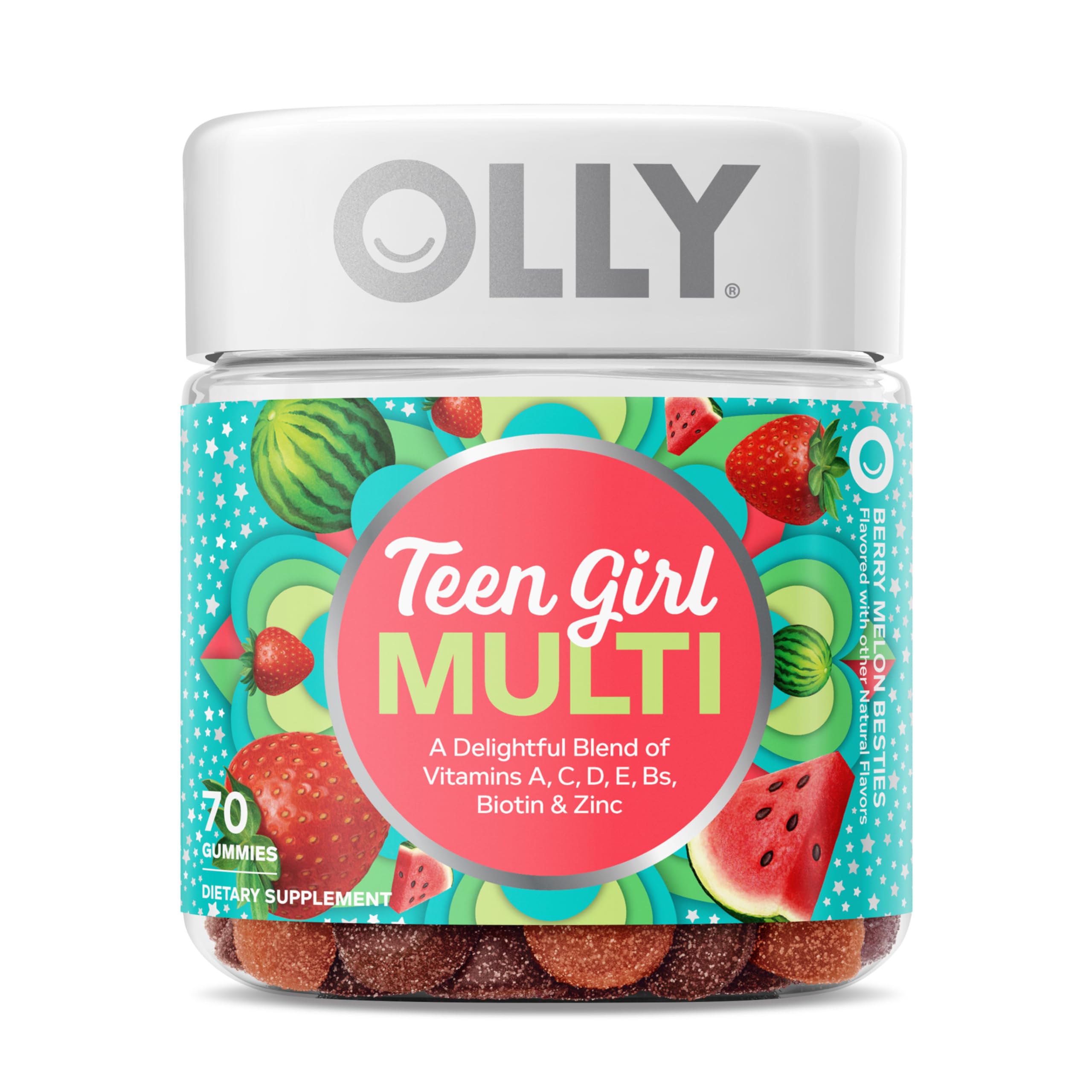 OLLY Teen Girl Multi Gummy, Healthy Skin and Immune Support*, Essential Vitamins, Biotin, Zinc, Chewable Multivitamin, Strawberry Melon Flavored, 50 Day Supply - 100 Count