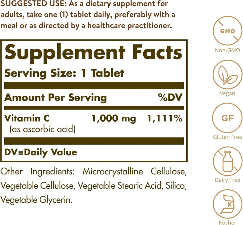 Solgar Vitamin C 1000 mg, 90 Tablets - Antioxidant & Immune Support, Overall Health, Healthy Skin & Joints - Bioflavonoids Supplement - Non-GMO, Vegan, Gluten Free, Kosher - 90 Servings