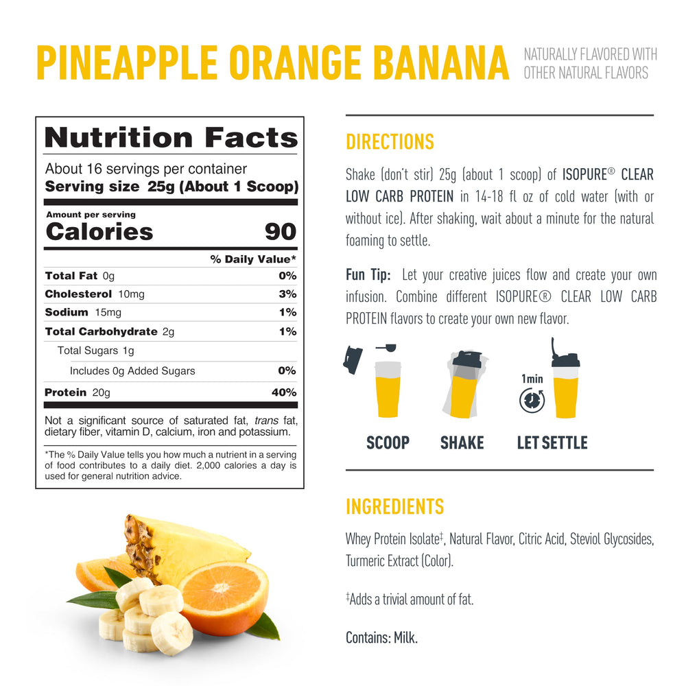 Isopure Clear Whey Isolate Protein Powder, Lactose Free, Gluten Free, Naturally Flavored, Pineapple Orange Banana, 20g Protein Per Serving, 1.9 Lb, 36 Servings (Packaging May Vary)