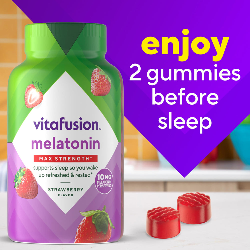 vitafusion Max Strength 10 mg Melatonin Gummies, Strawberry Flavored, Adult Melatonin Gummy Vitamin Supplement, 100 Count, 50 Day Supply