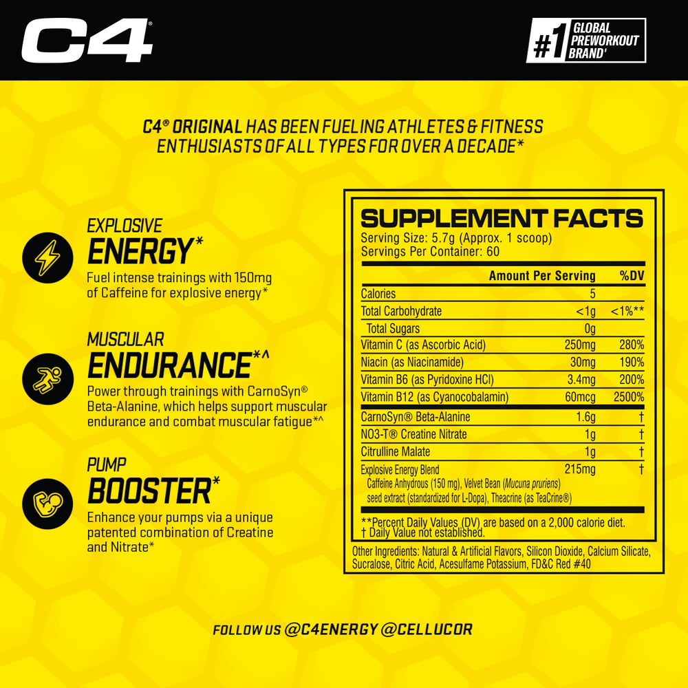 Cellucor C4 Original Pre Workout Powder Frozen Bombsicle Sugar Free Preworkout Energy for Men & Women 150mg Caffeine + Beta Alanine + Creatine - 30 Servings (Packaging May Vary)