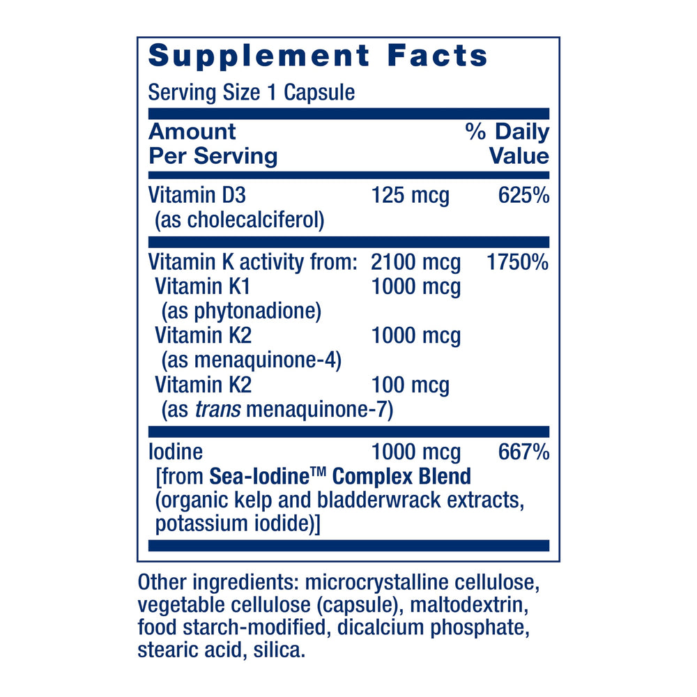 Life Extension Vitamins D and K with SeaIodine Bone Brain Thyroid Arterial Support Non GMO Once Daily Gluten Free, 60 Count