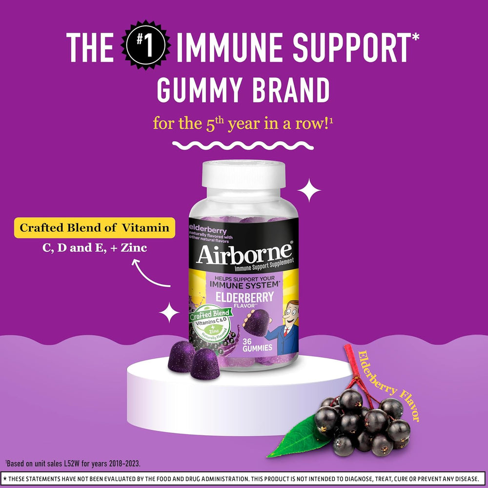 Airborne Elderberry + Zinc & Vitamin C Gummies for Adults, Immune Support Vitamin D & Zinc Gummies with Powerful Antioxidant Vitamins C D & E - 36 Gummies, Elderberry Flavor