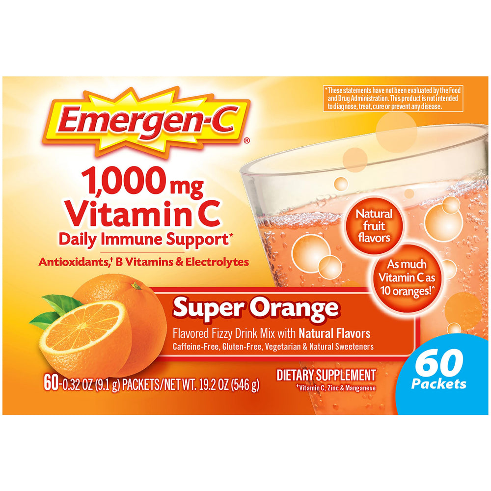 Emergen-C 1000mg Vitamin C Powder for Daily Immune Support Caffeine Free Vitamin C Supplements with Zinc and Manganese, B Vitamins and Electrolytes, Super Orange Flavor - 60 Count/2 Month Supply