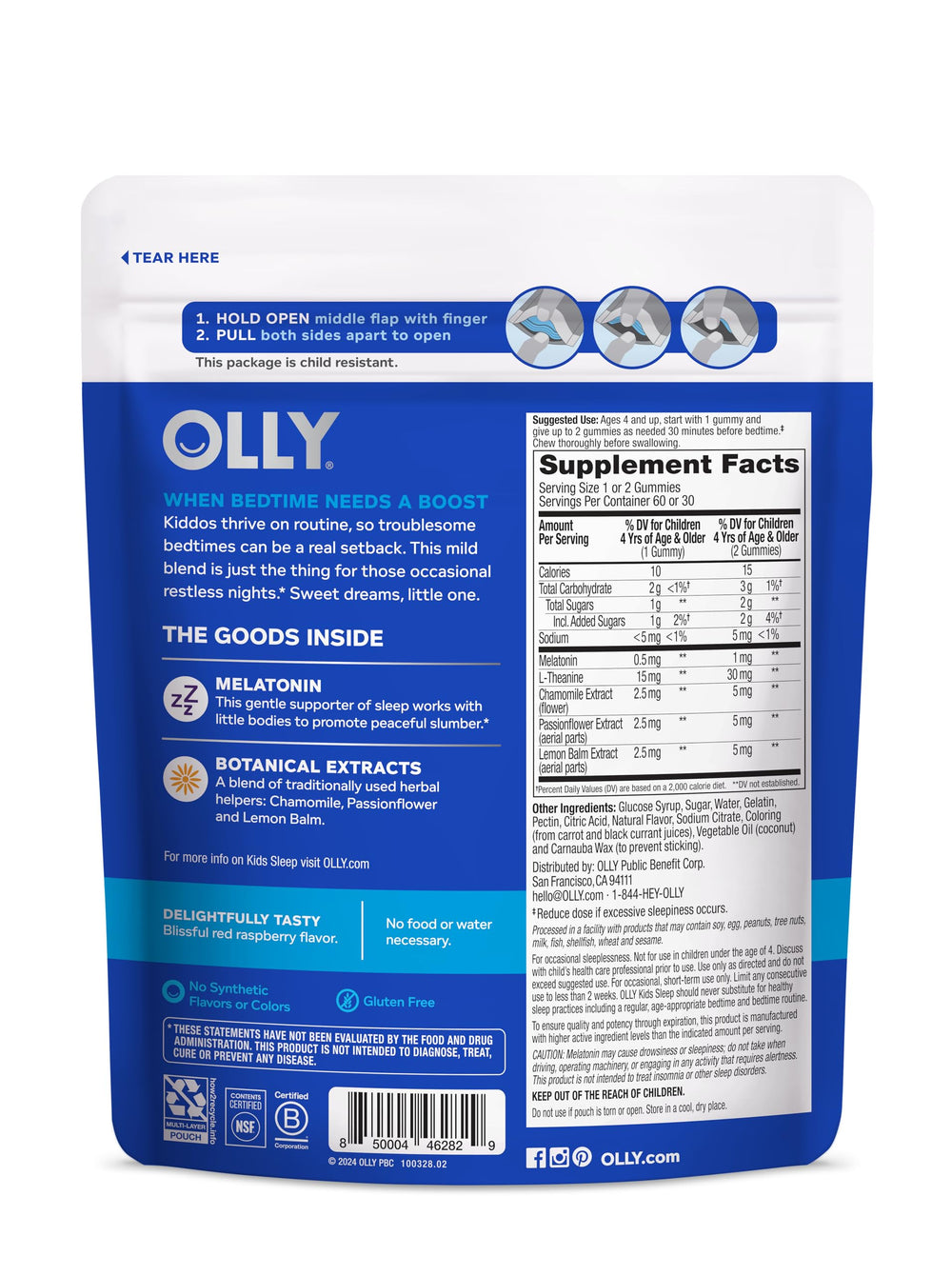 OLLY Kids Sleep Gummy, Occasional Sleep Support, 0.5mg Melatonin, L Theanine, Chamomile, and Lemon Balm Extracts, Childrens Chewable Supplement, Raspberry Flavor - 90 Count