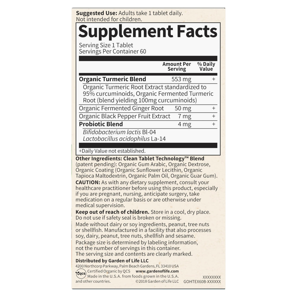 Garden of Life Organics Extra Strength Turmeric Inflammatory Response 60 Tablets-100mg Curcumin (95% Curcuminoids) Black Pepper, Probiotics, Organic Non-GMO Vegan Gluten Free Herbal Supplement