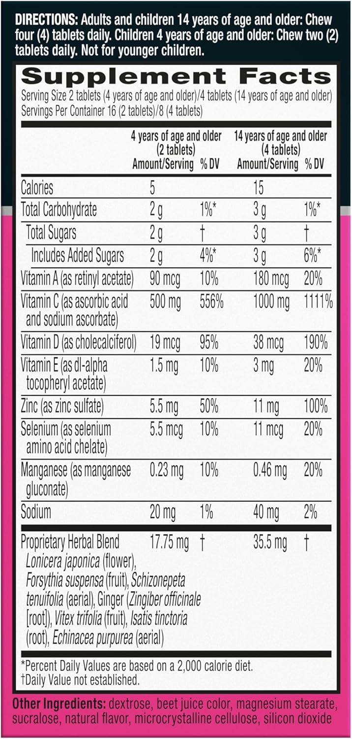 Airborne 1000mg Vitamin C Chewable Tablets With Zinc, Immune Support Supplement With Powerful Antioxidants Vitamins A C & E - 32 Chewable Tablets, Very Berry Flavor