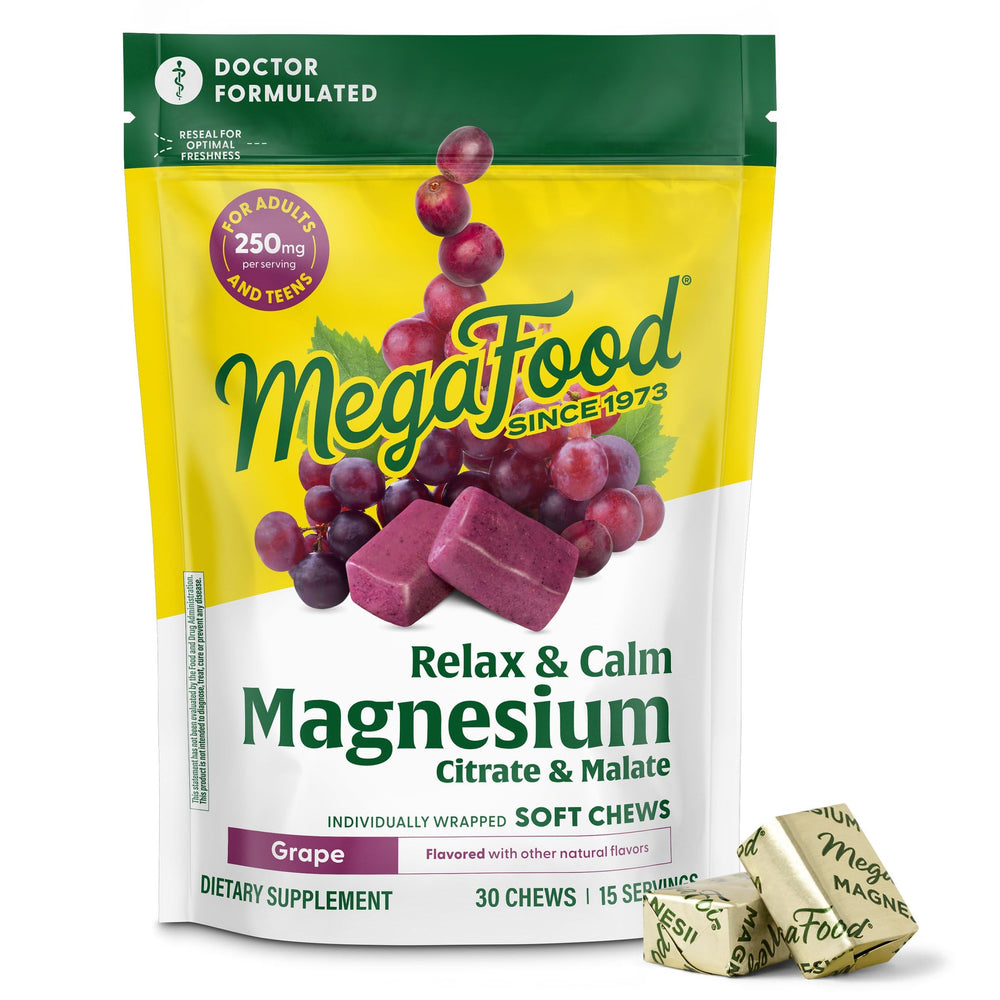 MegaFood Relax + Calm Magnesium Supplement - Soft Chews with Magnesium Citrate & Malate for Heart Health, Muscle Tension & More - Vegetarian - Grape-Flavor - 30 Chews (15 Servings) (Pack of 2)