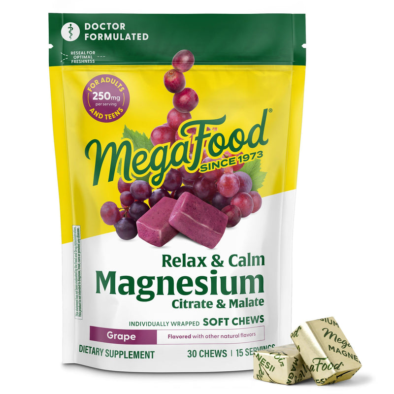 MegaFood Relax + Calm Magnesium Supplement - Soft Chews with Magnesium Citrate & Malate for Heart Health, Muscle Tension & More - Vegetarian - Grape-Flavor - 30 Chews (15 Servings) (Pack of 2)