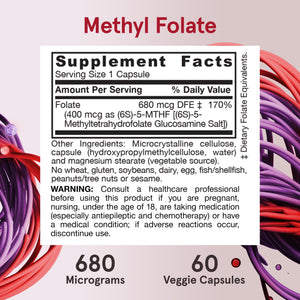 Jarrow Formulas Extra Strength Methyl Folate 400 mcg, Dietary Supplement for Cardiovascular and Neurologic Health Support, 60 Veggie Capsules, 60 Day Supply (Pack of 12)