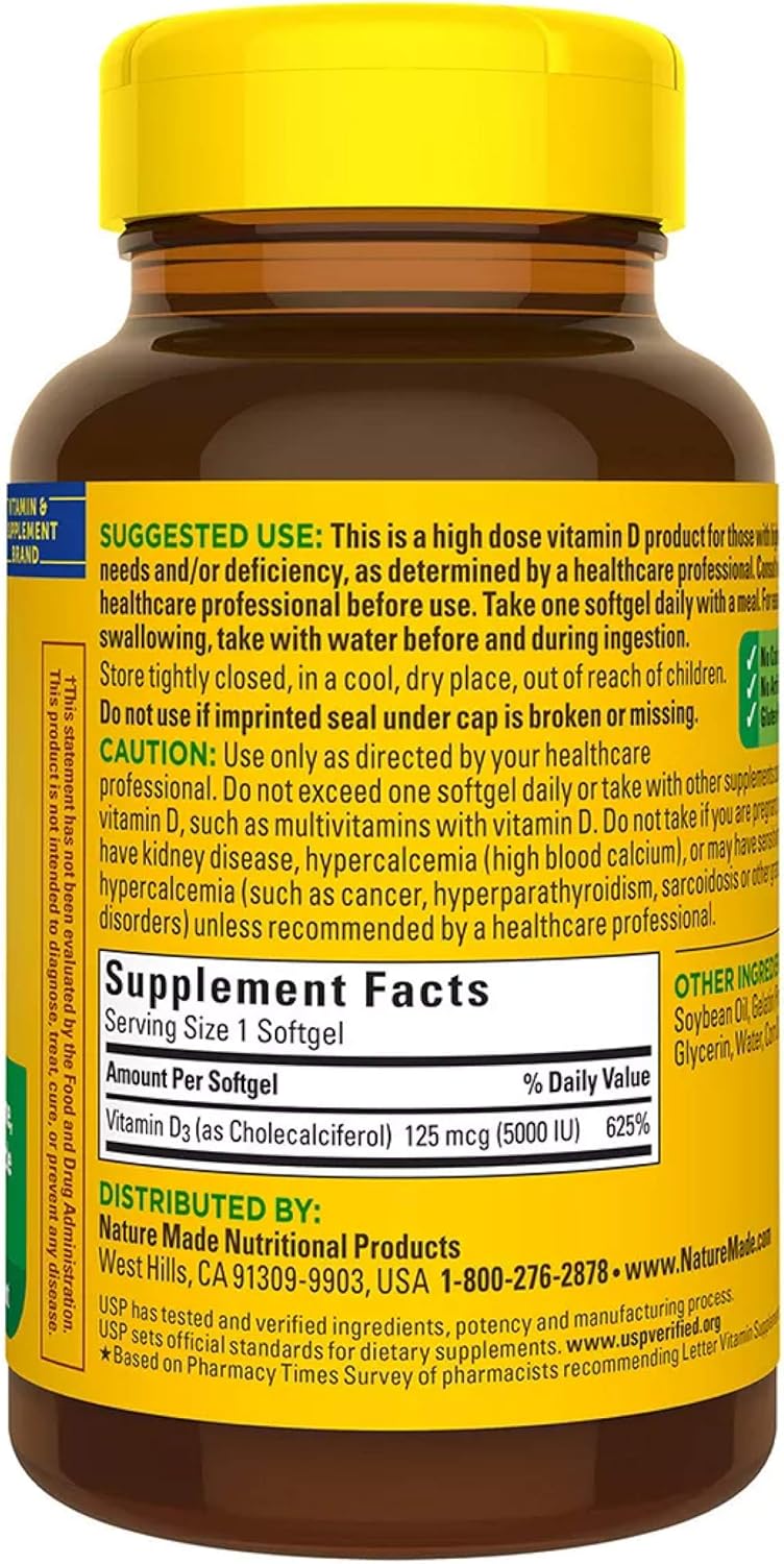 Nature Made Vitamin D3 5000 IU (125 mcg) Softgels, Extra Strength Vitamin D Supplement for Bone and Immune Health Support, 90 Softgels, 90 Day Supply