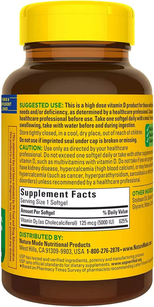 Nature Made Vitamin D3 5000 IU (125 mcg) Softgels, Extra Strength Vitamin D Supplement for Bone and Immune Health Support, 90 Softgels, 90 Day Supply
