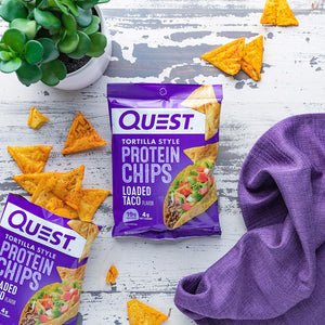 Quest Tortilla Protein Chips, Loaded Taco, Gluten Free, Pack of 12 & Peanut Butter Chocolate Chip Protein Cookies, Keto, Pack of 1 Bundle