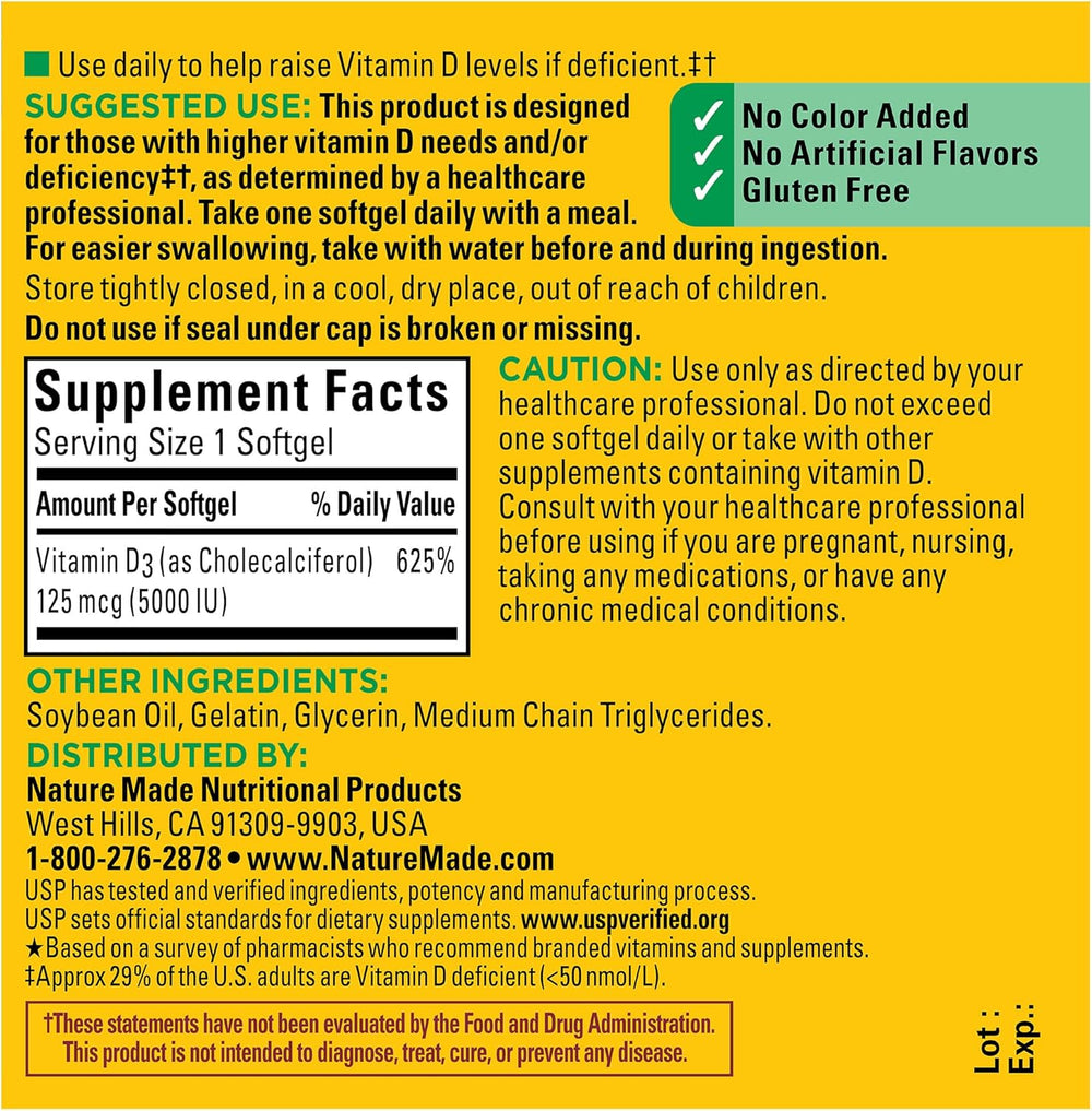 Nature Made Vitamin D3 5000 IU (125 mcg) Softgels, Extra Strength Vitamin D Supplement for Bone and Immune Health Support, 90 Softgels, 90 Day Supply