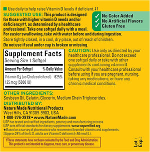 Nature Made Vitamin D3 5000 IU (125 mcg) Softgels, Extra Strength Vitamin D Supplement for Bone and Immune Health Support, 90 Softgels, 90 Day Supply