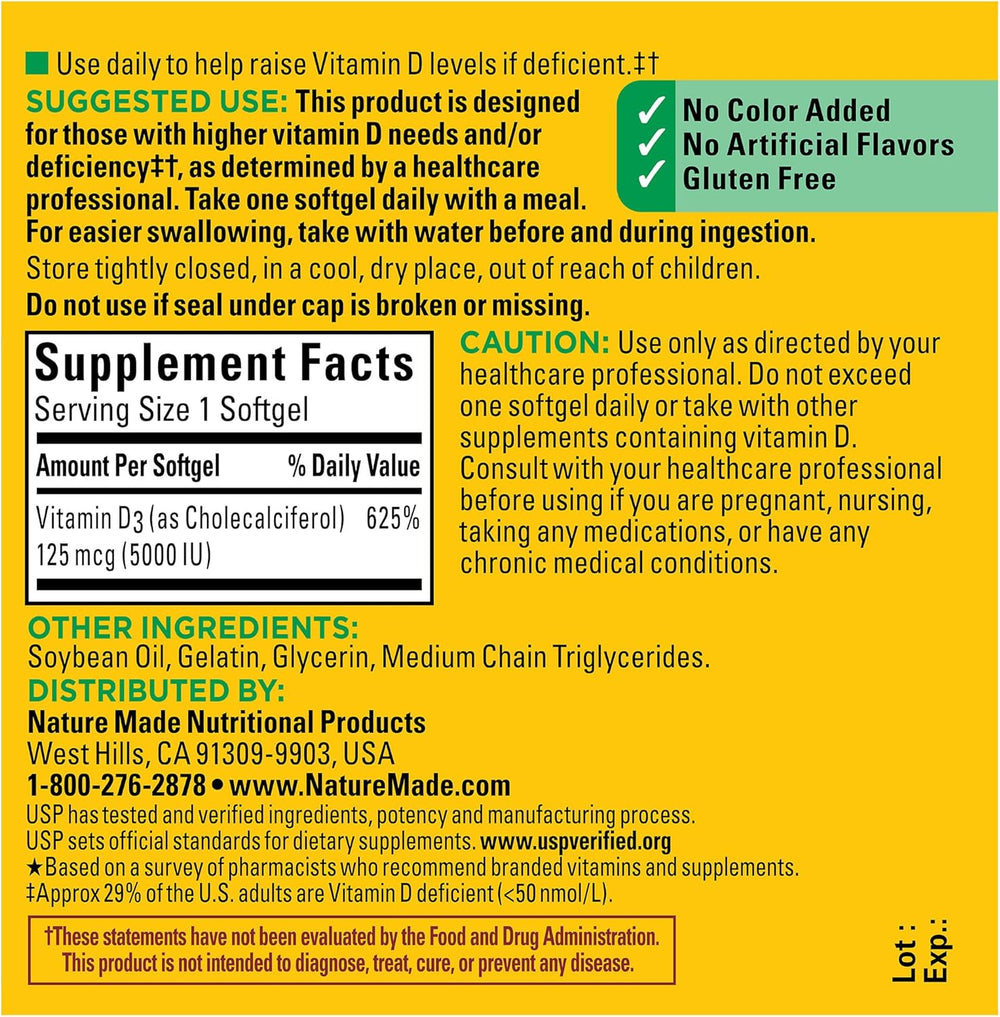 Nature Made Vitamin D3 5000 IU (125 mcg) Softgels, Extra Strength Vitamin D Supplement for Bone and Immune Health Support, 90 Softgels, 90 Day Supply