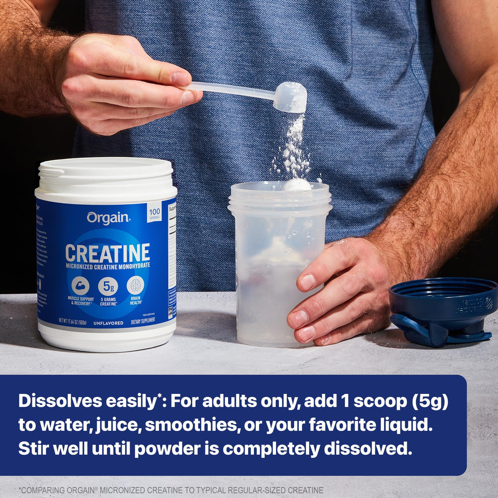 Orgain Creatine Monohydrate Micronized Powder, 100 Servings, Unflavored, Supports Muscle Growth, Post Workout Recovery and Brain Health, No Artificial Additives, for Men & Women, Vegan