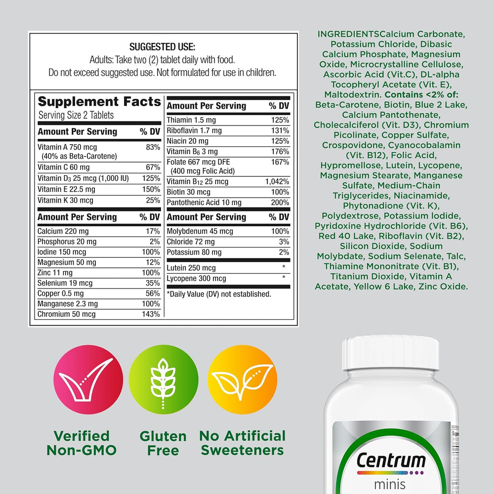 Centrum Minis Silver Multivitamin for Adults 50 Plus, Multimineral Supplement, Vitamin D3, B-Vitamins, Gluten Free, Non-GMO Ingredients, Supports Memory and Cognition in Older Adults - 320 Ct