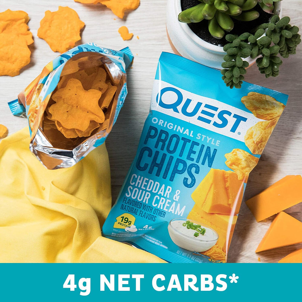 Quest Protein Chips, Cheddar & Sour Cream (Pack of 12) and Spicy Sweet Chili Tortilla Chips (Pack of 12)
